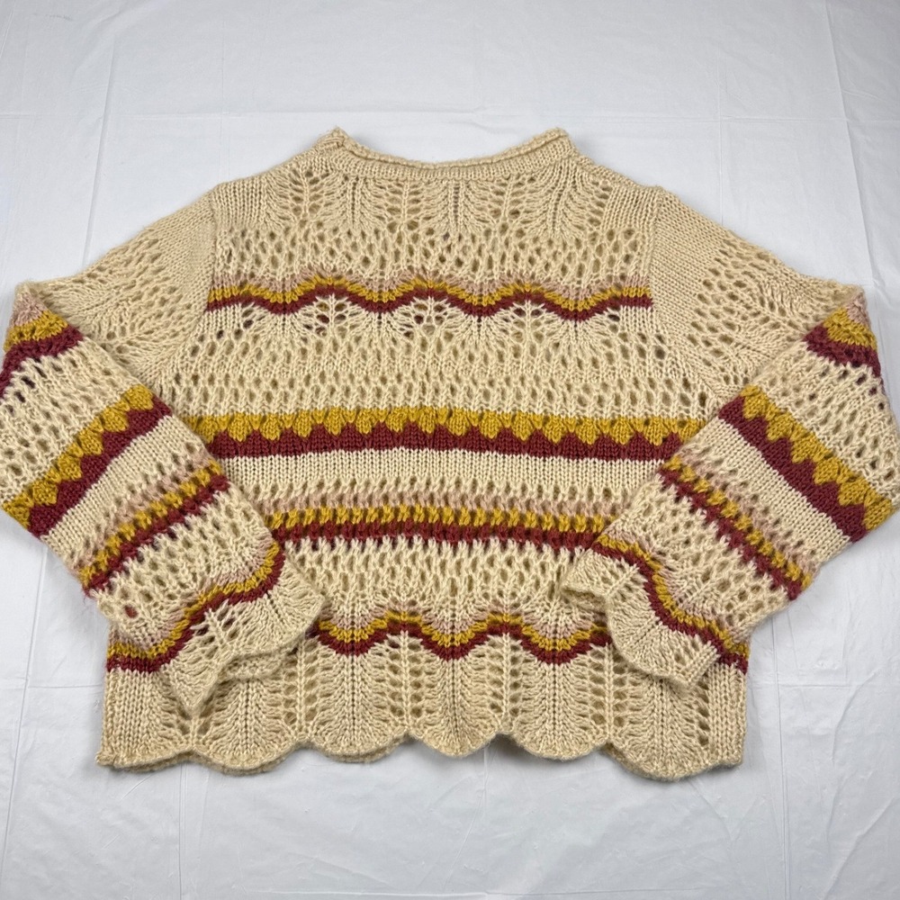 Sweater Cream Open Knit Scalloped Hem Stripe Alya Francescas Women Large - Picture 2 of 8